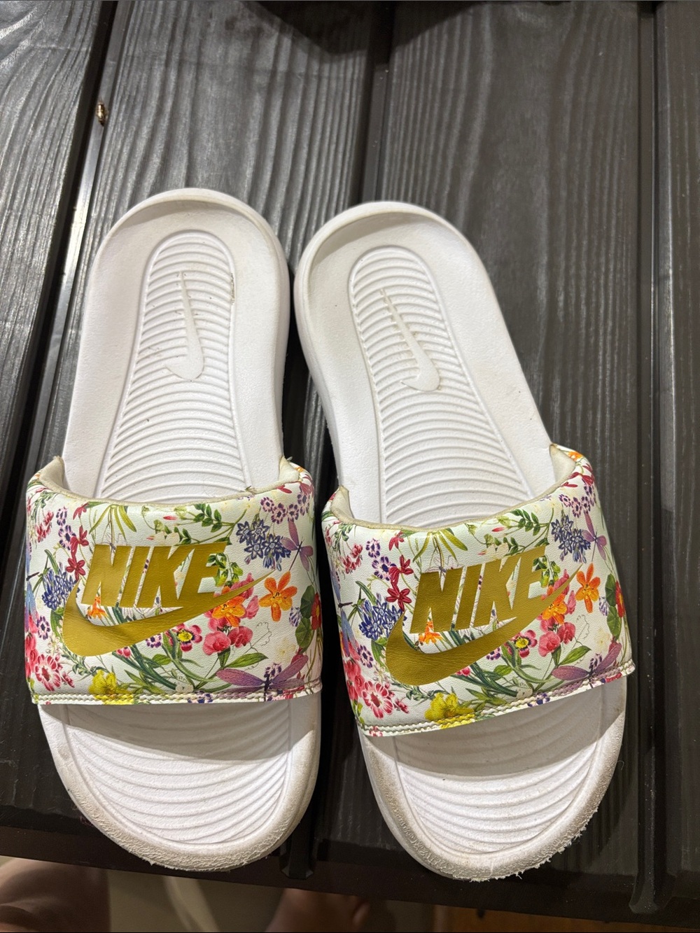 Nike White Floral Slide Sandals with Gold Logo